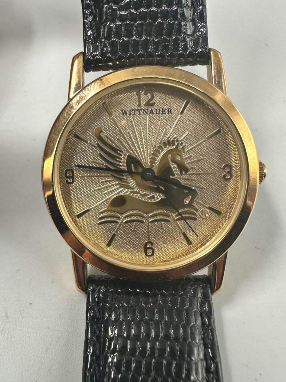 Wittnauer Pegasus Watch Women Gold Tone 30MM Dial Black Leather New Battery